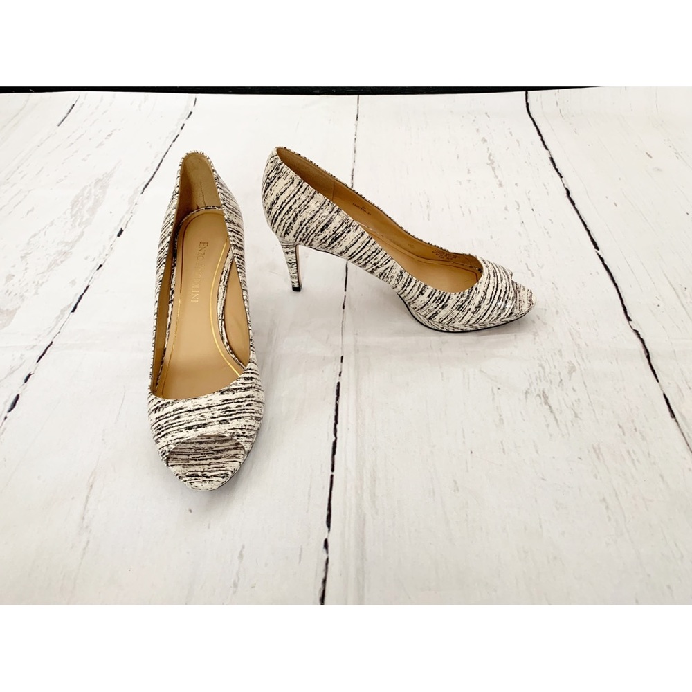 Enzo Angiolini Leather Black Cream Open Toe Heels Size 7